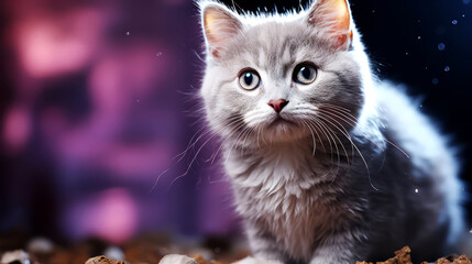 Cute British shorthair kitten with blue eyes on dark background.