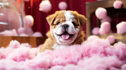 Fototapeta na wymiar Cute English bulldog puppy on a pink fluffy fur background.