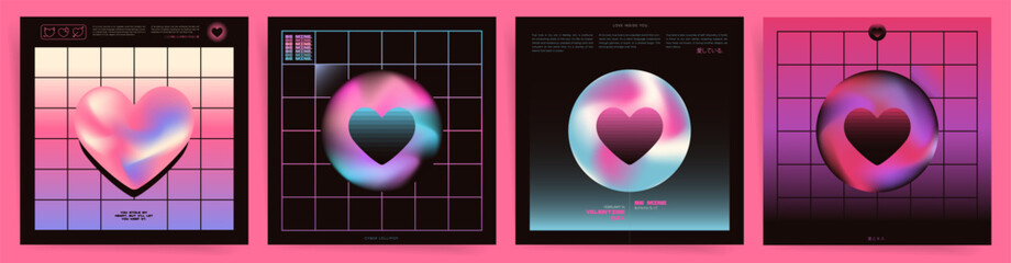 Valentine's Day Cyberpunk Heart Cards: Bold and Brutal Aesthetic for Trendy Square Poster Design. Dark Retro Backgrounds with Surreal Rounded Gradient Shapes and Hearts.