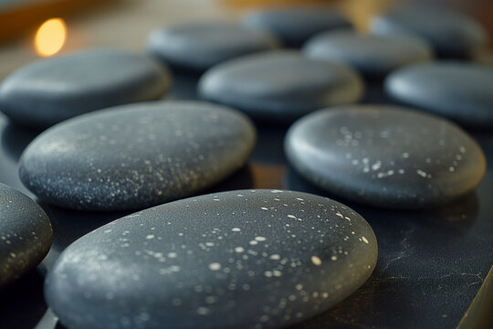 A relaxing image of stones on water with bamboo pillars behind them