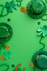 St. Patrick's Day ensemble: vertical top view of leprechaun's hats, lucky horseshoe, gold coins,...