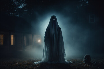 Culture and religion, states of mind, sci-fi and horror concept. Specter, reaper or ghost silhouette. Scary and terrifying apparition of paranormal ghost at night