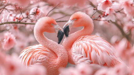 Two flamingos share an intimate moment surrounded by soft pink blossoms.