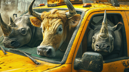 A cow and rhinos share an unlikely cab ride in a humorous composite image. - obrazy, fototapety, plakaty