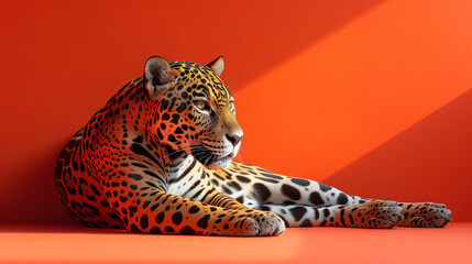 A serene jaguar reclines against an orange backdrop, exuding elegance and poise.