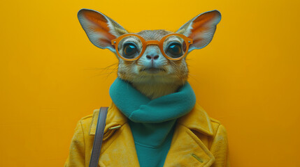 A stylish fennec fox with large ears wearing oversized glasses on a yellow background.