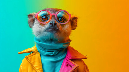 A meerkat dressed in bright colors, posing with oversized glasses