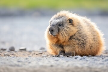 Naklejka premium marmot with bushy tail on sun-heated gravel