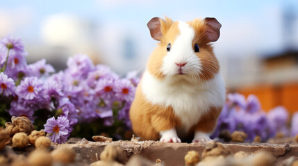 Cute guinea pig and flowers on blurred background. - obrazy, fototapety, plakaty