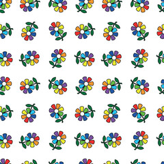 Vector seamless pattern flower icon with multicolored rainbow lipsticks. For children. Learn the colors red, orange, yellow, green, light blue, blue, purple, 