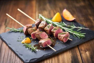 venison skewers with rosemary on a slate board