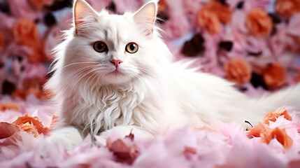 Naklejka na ściany i meble Beautiful white cat with flowers on color background.