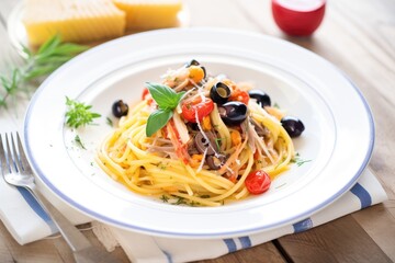 plate of pasta puttanesca with anchovies and olives