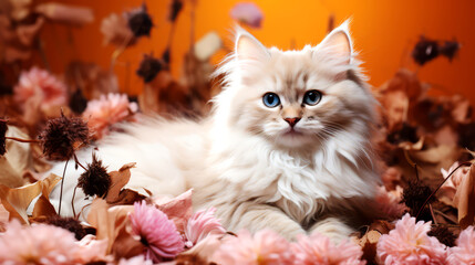 Naklejka na ściany i meble Cute cat and flower on color background.