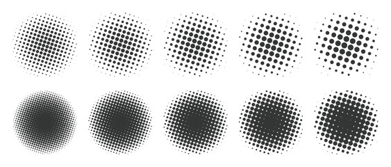 Circle black halftone vector design elements in white background set