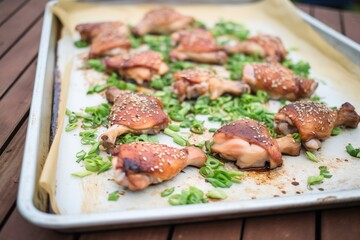 miso-marinated chicken thighs on a sheet pan