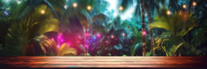 Empty wooden table mockup with defocused tropical nature in neon lighting background, summer vacation nights and nightlife concept