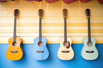 row of acoustic guitars hanging on a shop wall