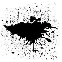 Black dried paint splattered in a messy style. Isolated black ink stencil for graphic design, text boxes. Artistic texture of ink brush strokes, splash stains, callouts.