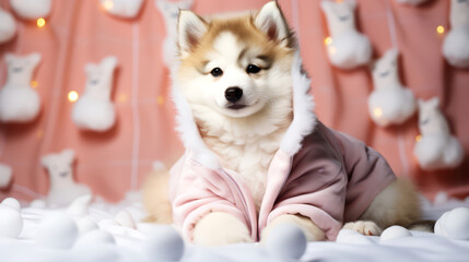Cute Akita Inu puppy in pajamas on bed.
