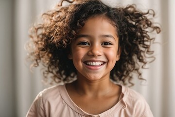 A pure happiness with this professional portrait of a cute mixed race child model, radiating joy and laughter against a clean white backdrop.