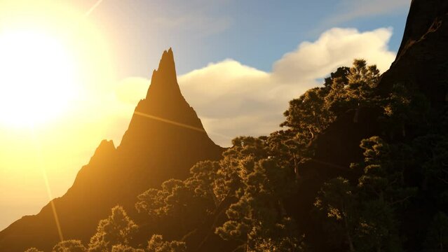 Huge mountains at sunset in autumn, 3D animation