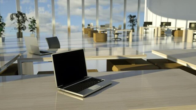 Business office on a bright sunny day, 3D animation