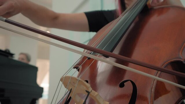 Close up shot of woman hand playing cello Orchestra musicians instruments