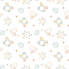 Beautiful kid's seamless pattern with hand drawn cute sea little animals such as octopus, shell, starfish and crab. Stock children's design for textile, gift wrapping and wallpapers.