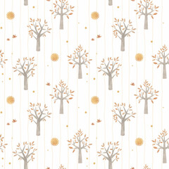 Gentle autumn kids seamless pattern with hand drawn little trees and sun. Stock floral design for textile, gift wrapping and wallpaper