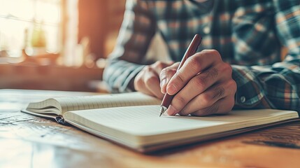 A man uses a pen to write on a notebook to write a memo or compose a song and review goals or plan topics for this new year