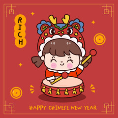 cute girl Chinese New Year dragon play dump greeting card. Series: Zodiac vector 2024 Wish you rich and wealth