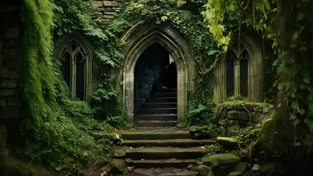 An ancient crypt shrouded in darkness cobwebs and ivy clinging to its weathered stone walls.