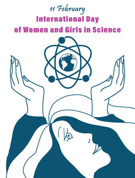 11 February International Day of Women and Girls in Science poster with woman silhouette and atom icon