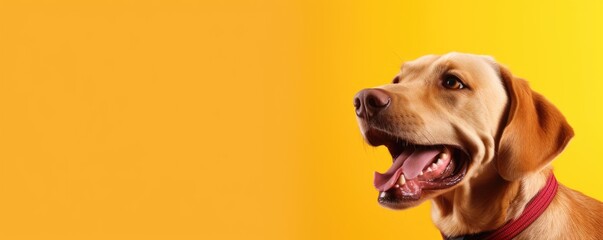 Happy dog puppy isolated on bright vibrant orange background. Yellow banner with beautiful smiling...