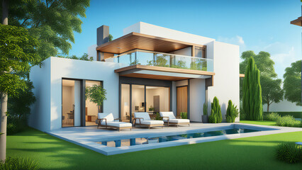 3d house model rendering on white background, 3D illustration modern cozy house with pool and...