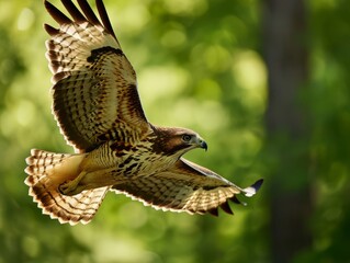 Powerful hawk in flight, wings elegantly spread against a soft background.