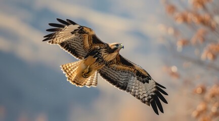 Obraz premium Powerful hawk in flight, wings elegantly spread against a soft background.