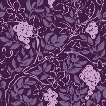 Traditional pattern with grape vine and rosehip branches. Botanical background, vector illustration, seamless print, freehand drawing.