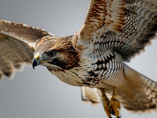 A majestic hawk soaring with wings fully spread, showcasing its powerful grace in flight.