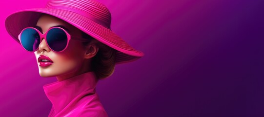 Elegant lady in wide brimmed hat with pink lips makeup on purple background. Young and beautiful woman is ready for vacation or party. Retro fashion concept. Banner with copy space - obrazy, fototapety, plakaty