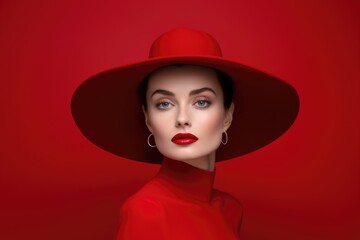 Elegant lady in wide brimmed hat with red lips makeup on burgundy background. Young and beautiful woman is ready for vacation or party. Retro fashion concept. Banner with copy space