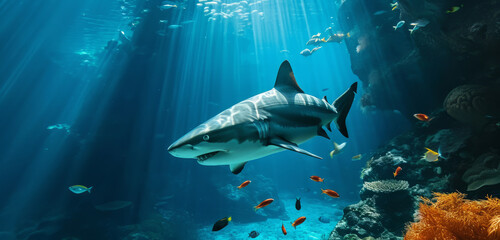 Great white shark swimming majestically in the blue ocean waters, surrounded by small fish.