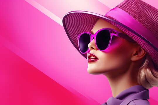 Elegant lady in wide brimmed hat with pink lips makeup on purple background. Young and beautiful woman is ready for vacation or party. Retro fashion concept. Banner with copy space