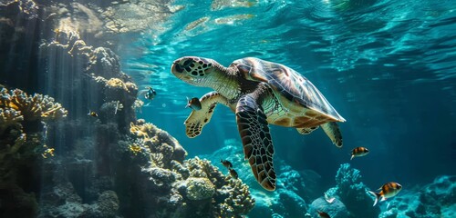 A sea turtle swimming serenely among the rich and diverse underwater coral ecosystem.