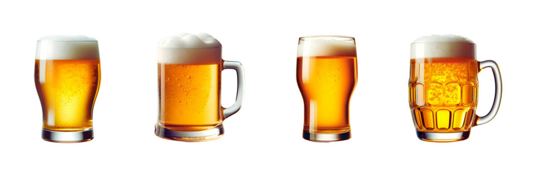 Set of Image of a single glass filled with beer, isolated over on transparent white background