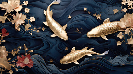 Asian background , Oriental Japanese style abstract pattern background design with koi fish decorate in water color texture, gold and navy blue colours - obrazy, fototapety, plakaty