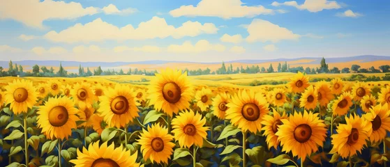Poster Sunflower field with vibrant yellow and green colors in an impressionist oil painting style © Ameer
