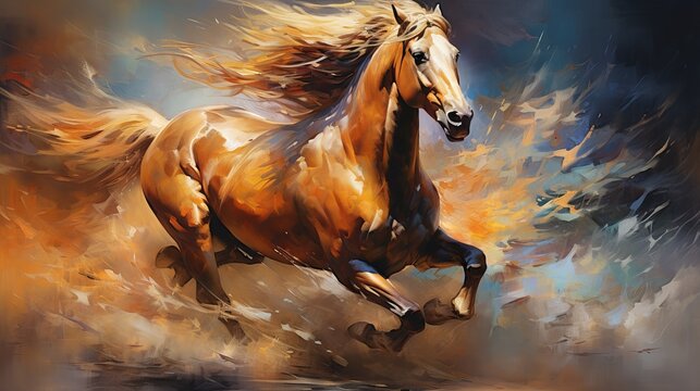 A colorful and expressive painting of a brown horse running in a green field with blue sky and clouds
