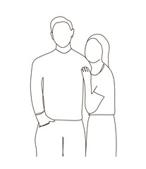 Line art of couple shows love and support to their romantic relationship with a side hug. Family happy together.